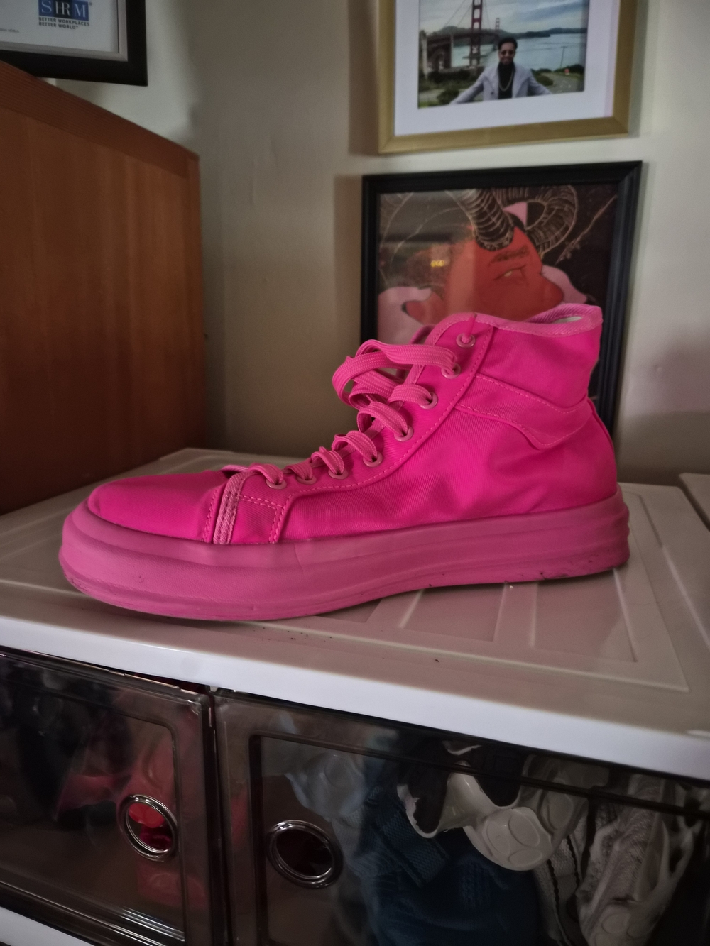 Hot Pink Men's High-Top Sneakers - Sleek Neon Style